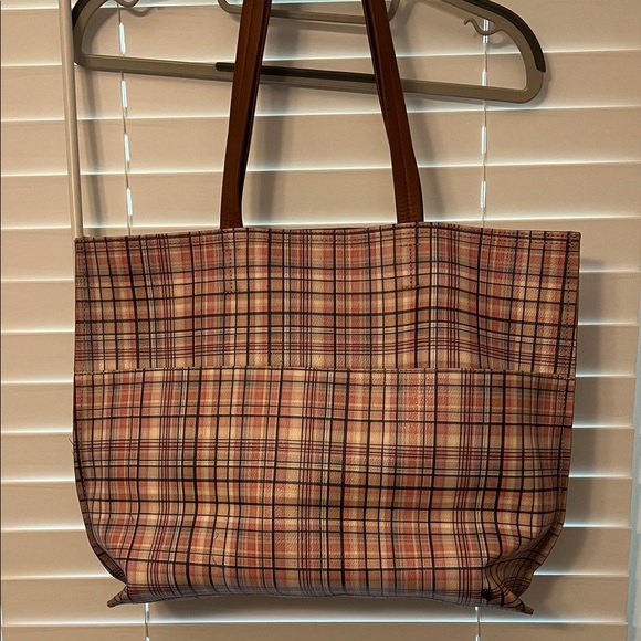Elliott Lucca Delphine Faux Leather Plaid Tote with Brown Handles - Picture 1 of 7